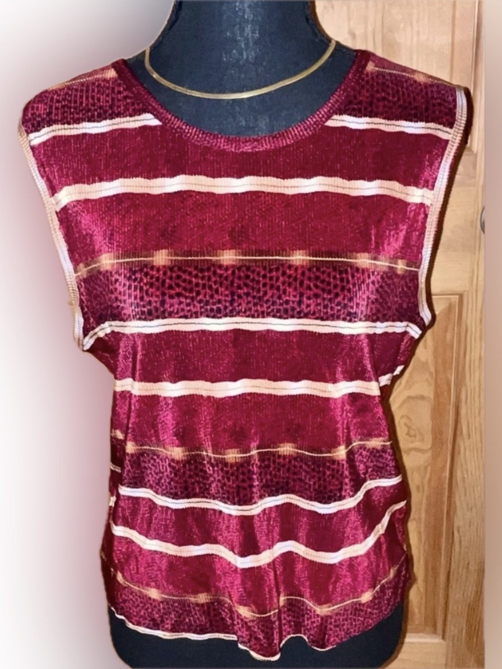Vintage 90s Tess Slinky Knit Tank Top XL Burgundy White Metallic Striped